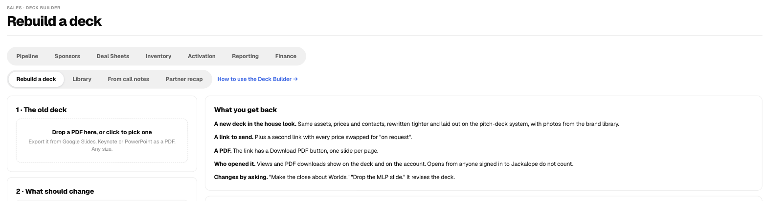 Jackalope Deck Builder: upload an old deck, say what should change, and get a rebuilt deck with a tracked link and PDF